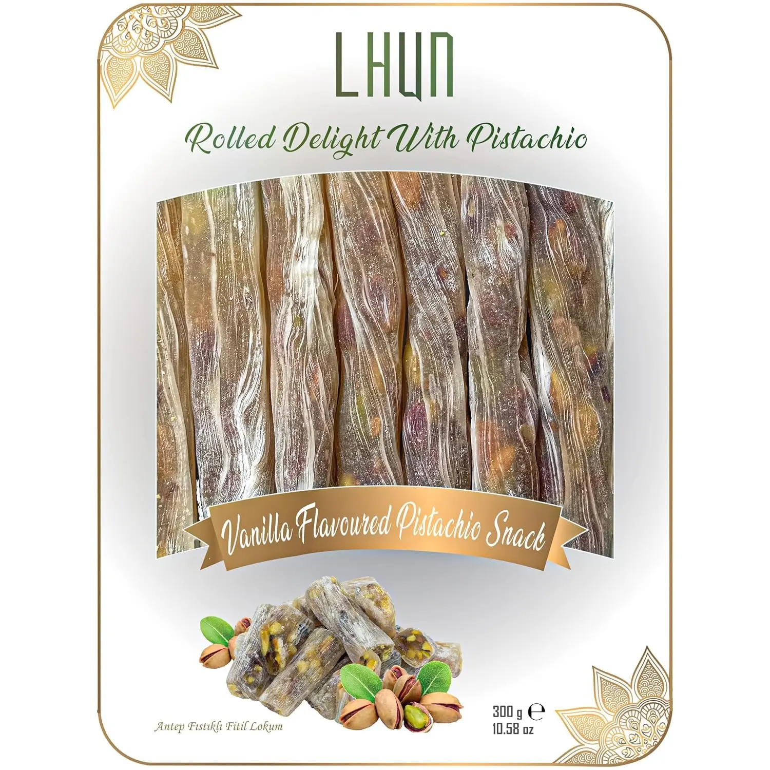 LHUN Rolled Turkish Delights Candy with Vanilla and Pistachio | Handmade Gourmet Exotic Snacks with Unique Taste | Exotic Candy as a Turkish Delight with Vanilla and Pistachio (1 Pack)