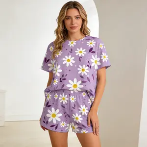Women's 2-Piece Silky Lavender Pajama Set - Polyester Spandex Crew Neck Short Sleeve Top with Daisy Floral Print, Elastic Waist Slip-Fit Shorts with Comfortable Leg, Lightweight Soft Sleepwear & Loungewear
