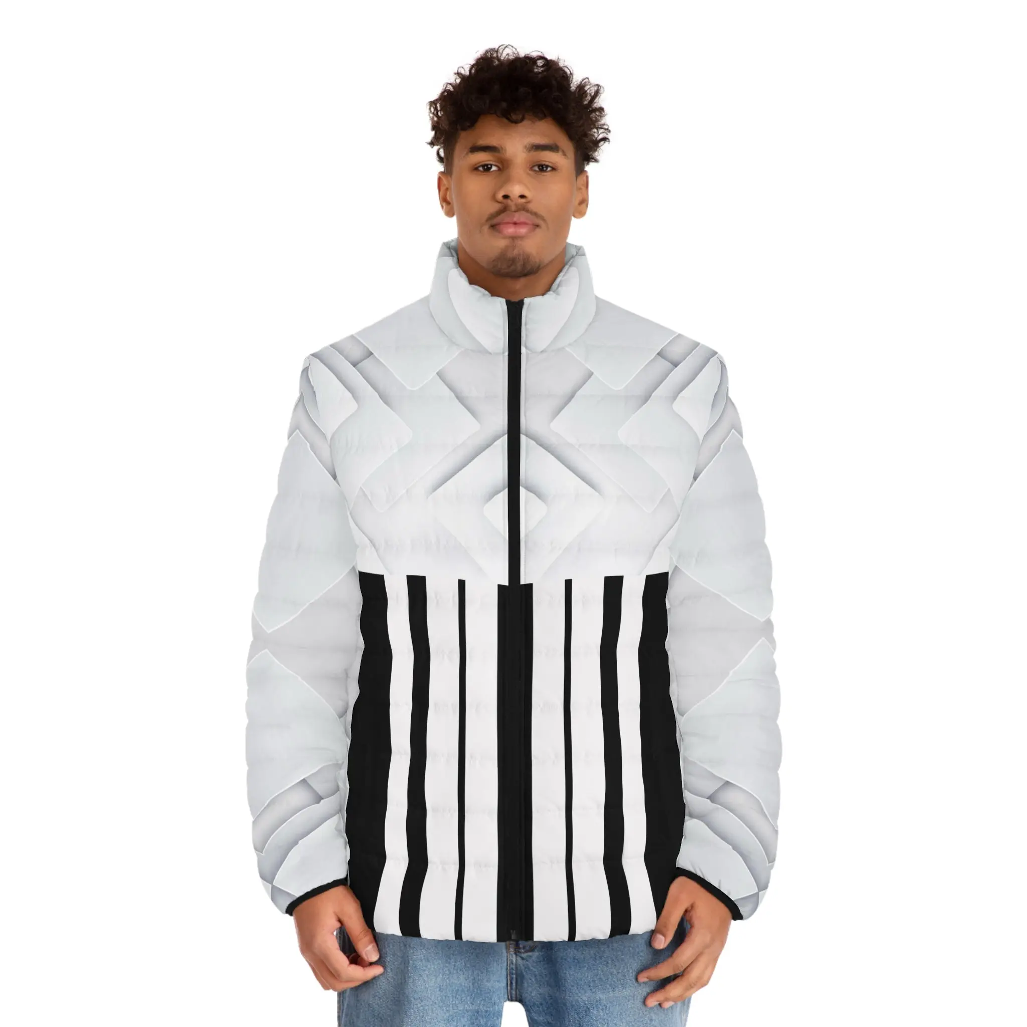 Men's Chic White Cube Puffer Jacket - Menswear Top Clothes, Casual Graphic, Warm, Ideal for Winter Wear, Outdoor Adventures, Gift Idea