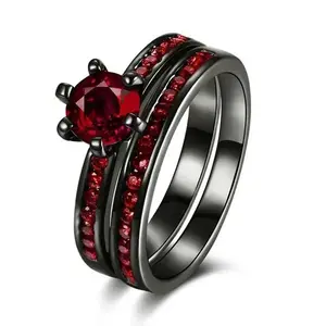 Dragon Couple Ring Set for Men & Women – Black Stainless Steel Band with Red CZ Stone Matching Wedding Rings
