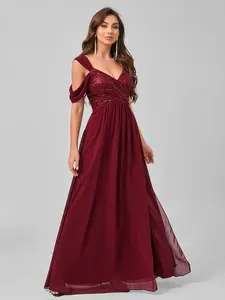 Elegant V-Neck Fitted Sequined Chiffon Dress, High Slit A-Line Maxi Evening Gown, Ruched Waist Party Dress, Formal Prom Dress, Formal Wear, Lady Womenswear