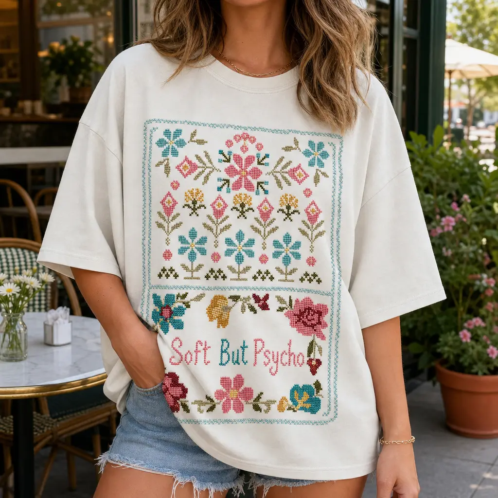 Women's Cottagecore Casual Crew Neck Funny Graphic Top - Soft Polyester Loose Oversized T-Shirt with Psycho Cross Stitch Floral Print