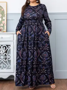 Plus Size Womenswear Spring Summer Floral Dress, Vintage Bohemian Style Long Dress, Loose Flowy A-Line Long Sleeve Casual Daily Wear