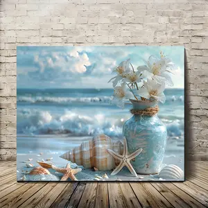 1 piece framed wooden canvas painting, seashore beach with starfish and shells canvas art, wood frame print, suitable for living room and bedroom decoration, perfect home decoration or holiday gift