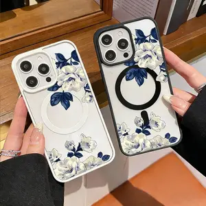 Elegant Floral Branches Patterned magnetic MagSafe quick-release protective case, suitable for iPhone 17/16 Pro Max, 15 Pro, 14, 13, 12 Mini, 11, XR, XS Plus, SE, shockproof and anti-slip, ultra-thin silicone transparent acrylic protective case Cellphone