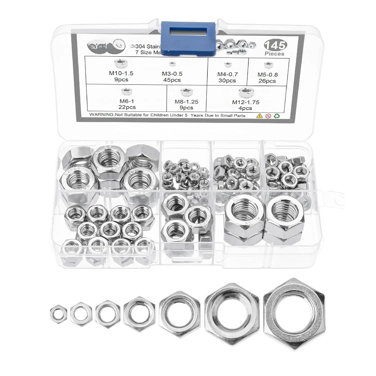 - Metric Hex Nuts  Kit, 145 count, Stainless Steel, Metric Nut  7 Sizes (M3 M4 M5 M6 M8 M10 M12), Hardware Nuts, Metric Nuts, Machine Nuts