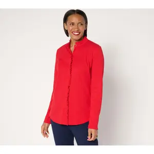 Isaac Mizrahi Live! Knit Button Front Shirt with Ruffle Detail