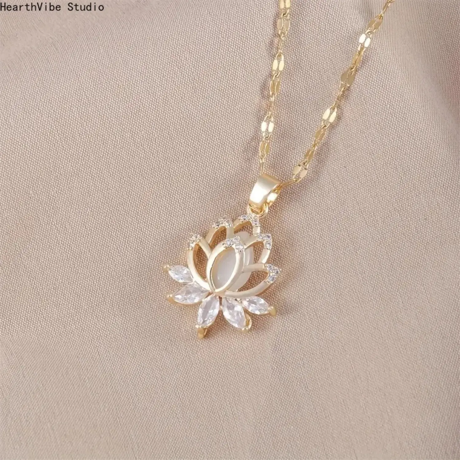 Gold Lotus Pendant Necklace 18K Plated Dainty Cubic Zirconia Flower Charm Minimalist Spiritual Jewelry Gift for Women Daily Wear