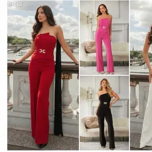 Paola Jumpsuit - Strapless Design with Belt, Available in Red, Pink, and Black, Model JP40701