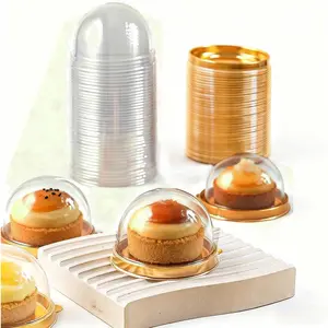 Clear Plastic Mini Cake Box Round Cupcake Holders Egg-Yolk Puff Container Mooncake Dome Baking Packing Box Gold 3.1 inch 50 Set