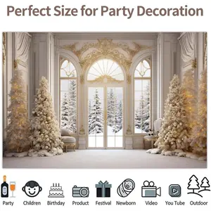 Winter Window Backdrop Snow Forest Style Polyester Fabric Photography Background Wrinkle Resistant HD Print Christmas Party Decor Photo Booth