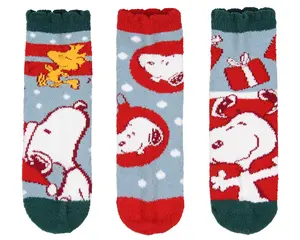 Peanuts Adult Snoopy and Woodstock Holiday 3 Pair Chenille Quarter Crew Socks with Scalloped Cuff (Sock Size 9-11)