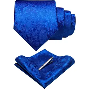 Mens Solid Color Paisley Necktie and Pocket Square with Tie Clip Sets