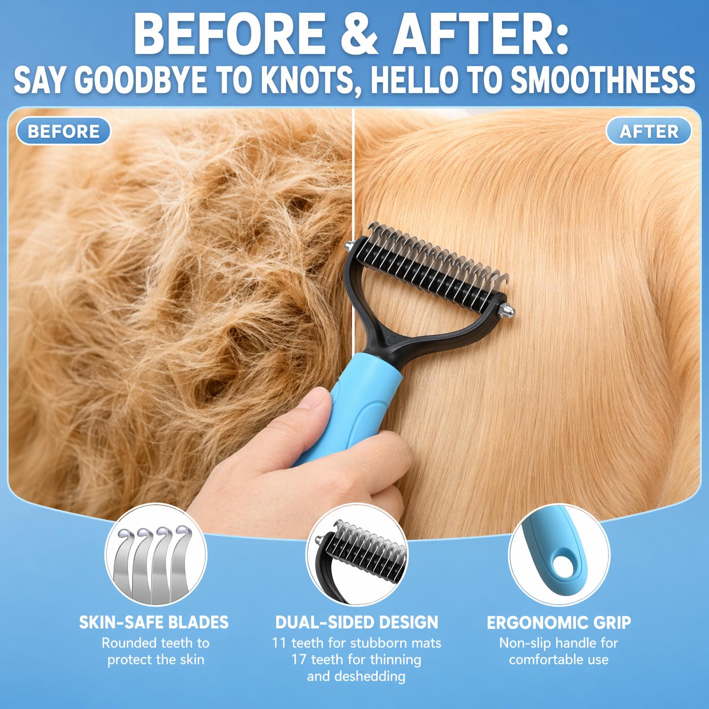 Pet Grooming Brush - Double Sided Shedding and Dematting Undercoat Rake Comb for Dogs and Cats, No More Nasty Shedding or Flying Hair