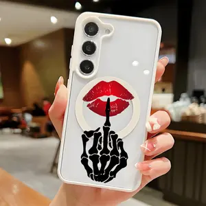 Skull Hand Lip Tattoo Transparent Magnetic Phone Case for Samsung S25 S24 S23 S22 Ultra Plus FE Red Lip Creative Anti-fall Soft TPU & PC Casing with Mag-Safe Compatibility & Wireless Charging Protection
