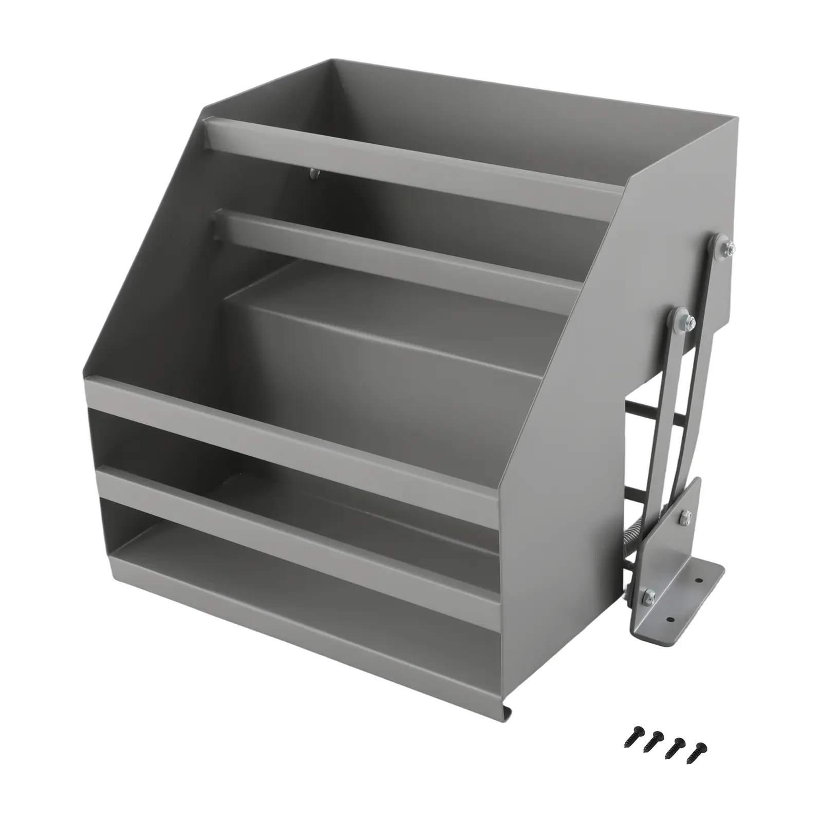 Modern gray double-layer pull-out cabinet organizer rack with electrostatic coating, rustproof and corrosion-resistant, for internal installation in kitchen cabinets—storage for spices, canned goods, and tableware.