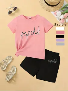 Girls Meow Cat T-Shirt and Shorts Set, Cute Cartoon Design, Cartoon Patterning, Comfortable Summer, Short Sleeve and Shorts Combo for Kids