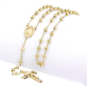 Men's 6mm Bead Rosary Gold Plated Guadalupe & Jesus Cross 28" Necklace