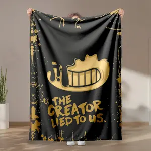 1 piece Bendy and the Ink Machine-themed black and gold style design themed flannel blanket - Microfiber soft fluffy sofa blanket, suitable for beds and sofas, modern style, all-season use, digital print design, flannel weaving craft, 100%