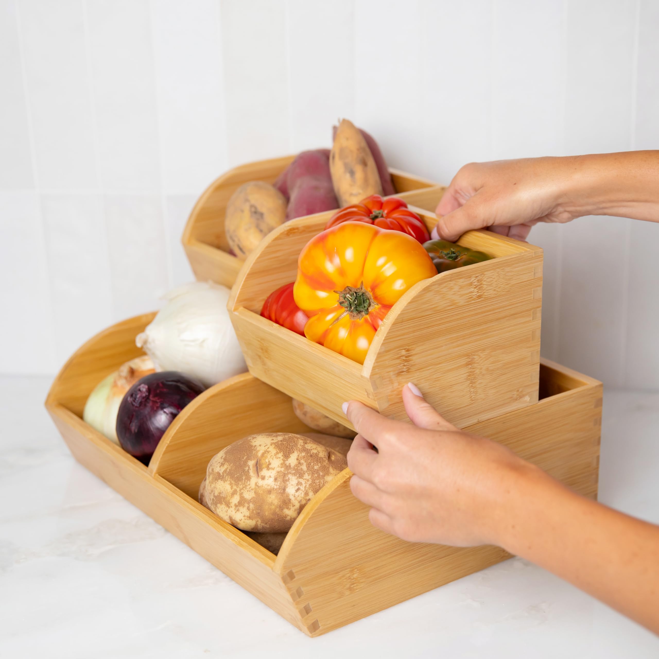 3 Pack Potato and Onion Storage Bin for Pantry and Kitchen Counter - Ventilated Stackable Bamboo Organizer Baskets with Handles - Multipurpose Organization Containers for Fruit, Vegetable, Pantry