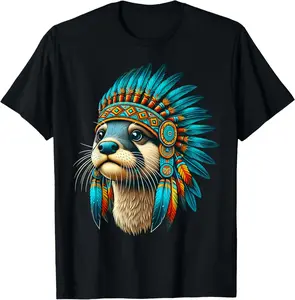100% Cotton Native Indian Otter Native American Indian Feathers T-Shirt