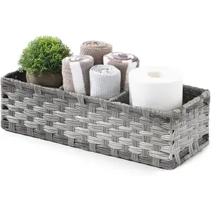 [Larger Compartments] Toilet Tank Topper Paper Basket - Multiuse Hand Woven Plastic Wicker Basket with Divider for Organizing, Rustic Farmhouse Bathroom Decor, Countertop Organizer Storage