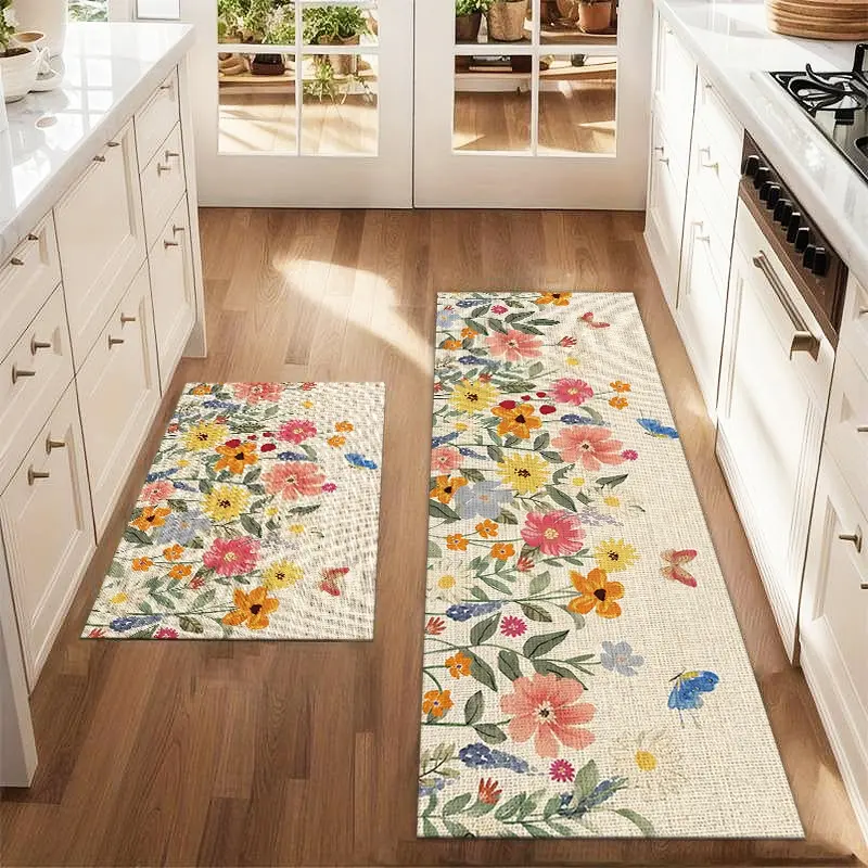 2Pcs Spring Flowers and Butterflies Floor mat set including farmhouse kitchen Rug dining room flooring laundry room decorative carpet mat Decorative Area Rug Floral Pattern Rug Flower Pattern Rugs Kitchen Rugs Sets Decorative Mats