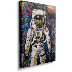 Banksy Framed Graffiti Astronaut Canvas Wall Art Spaceman Posters Prints Pictures Wall Decor Modern Abstract Street Graffiti Artwork for Living Room Home Decor Ready to Hang Decoration Ornaments Artistic Photo