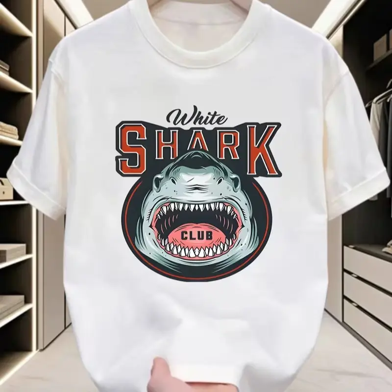 Men'S Oversized White Shark Graphic T-Shirt - Bold Shark Print with Red Accent Teeth & Black Circle Frame - Retro Casual Round Neck Short Sleeve Tee - All-Season Comfort Fit for Beach, Parties & Casual Attire - Statement Streetwear Top for Men