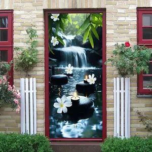 2pcs Natural Waterfall Wall Sticker Zen Lotus Candlelight Decorative Decal Self-Adhesive Mural for Living Room Bedroom Environmental Protection Removable Landscape Painting Southeast Asian Style Home Deco Self Adhesive Stickers