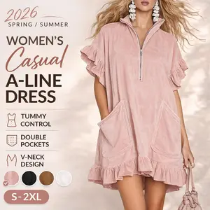 Women's Casual A-Line Mini Dress V Neck Ruffle Sleeve Zipper With Pockets Spring Summer Lightweight Fabric Tummy Control Double Pockets M-2XL - Womenswear