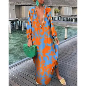 Elegant Women's Dresses Summer Casual Fashion Print V-Neck Loose Retro Comfortable Maxi Dress Female Robe S-XXXL Womenswear Long Sleeve summer outfits