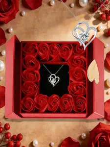Valentine's Day, Birthday, or Anniversary Gift for Girlfriend/Wife | Double Heart Shiny Fashion Pendant Necklace | 16 Preserved Roses in a Luxurious Red Gift Box