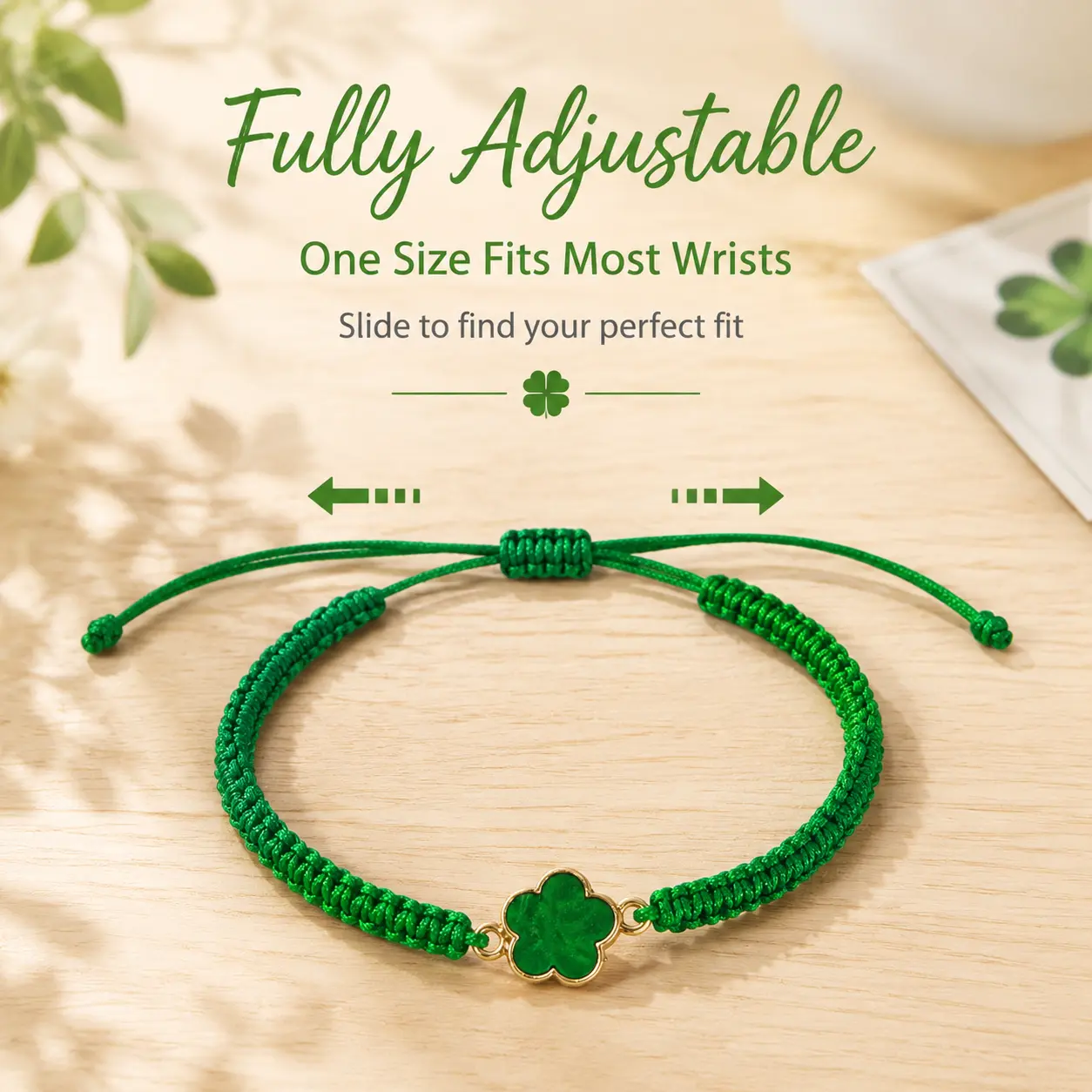 Lucky Five Leaf Clover Wish Bracelet for Women Teen Girls Emerald Green Adjustable Hand Woven String Bracelet Extra Fortune Blessing Jewelry Gift with Card