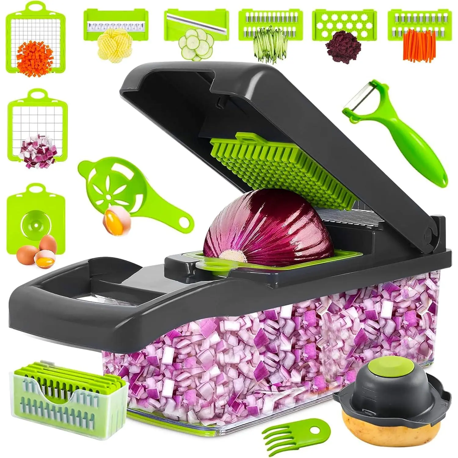 16-in-1 Multifunctional Kitchen Utensils Food Cutter - Cabbage Shredder, Onion Chopper, Dicer Grater, Vegetable Cutting Slicer & Fruit Prep Tool with Container and Interchangeable Blades