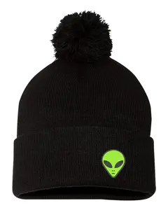Alien Head Classic  Embroidered Knit Beanie Pom Cap