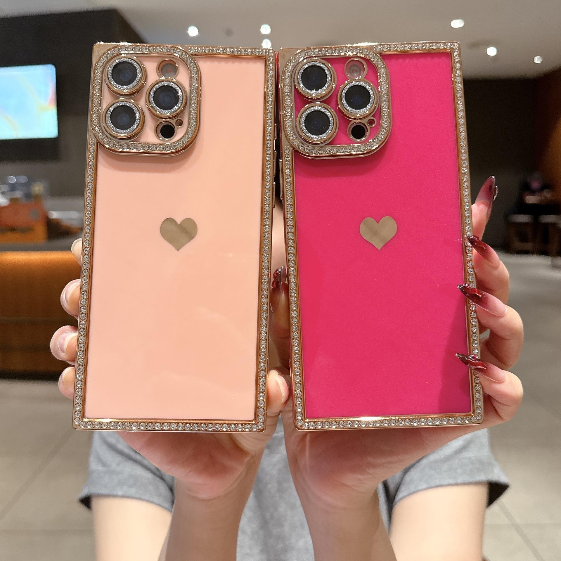 Luxury Rhinestone Square Edge Phone Case, Bling Diamond Full Camera Protection Shockproof Cover with Heart Design for IP 16 Pro max, 15 plus, 14, 13 junk