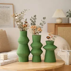 3-piece Sage Green Vase Set, 3D Printed Vertical Striped Wave Stacked Design, Drop-proof Matte Dried Flower Vases, Suitable for Living Room Home Decoration, Christmas Gift