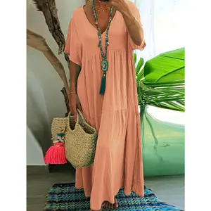 Plus Size - Plus Size - Women'S Plus-Size A-Line Pleated Solid Color Short-Sleeve Dress