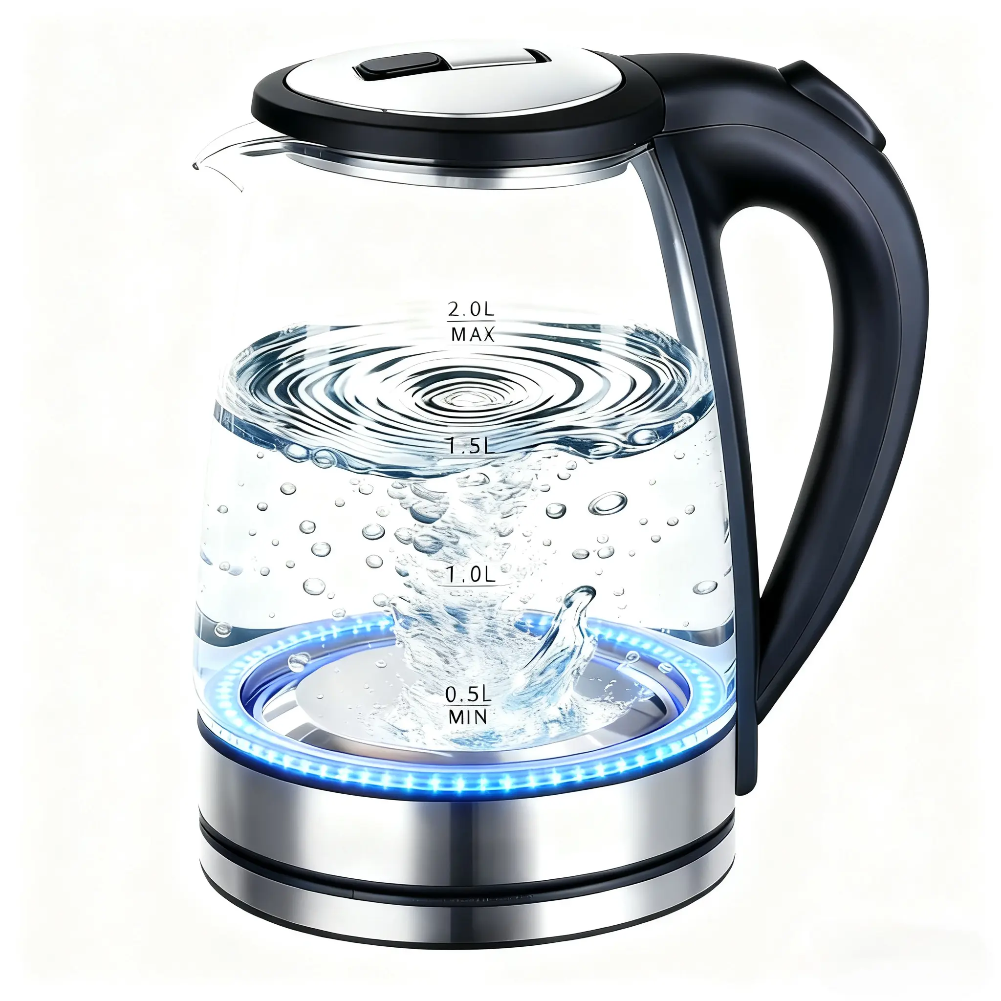 110V 1500W 2.0L Electric Glass Kettle - Fast Boil Water Boiler with Borosilicate Glass, Auto Shut-Off, LED Boil Cue, Cold Touch Handle, 360° Swivel Base, BPA-Free, Overheat Protection, Ideal for Students, Home & Office