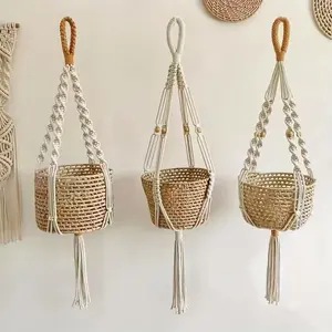 Set of 3 Macrame Plant Hangers in Bohemian Style, Handmade Woven Tassels for Plants & Flower Pots, Decorative Wall Hanging