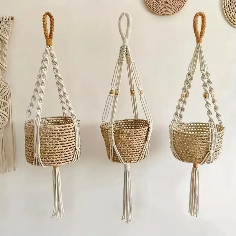 Set of 3 Macrame Plant Hangers in Bohemian Style, Handmade Woven Tassels for Plants & Flower Pots, Decorative Wall Hanging