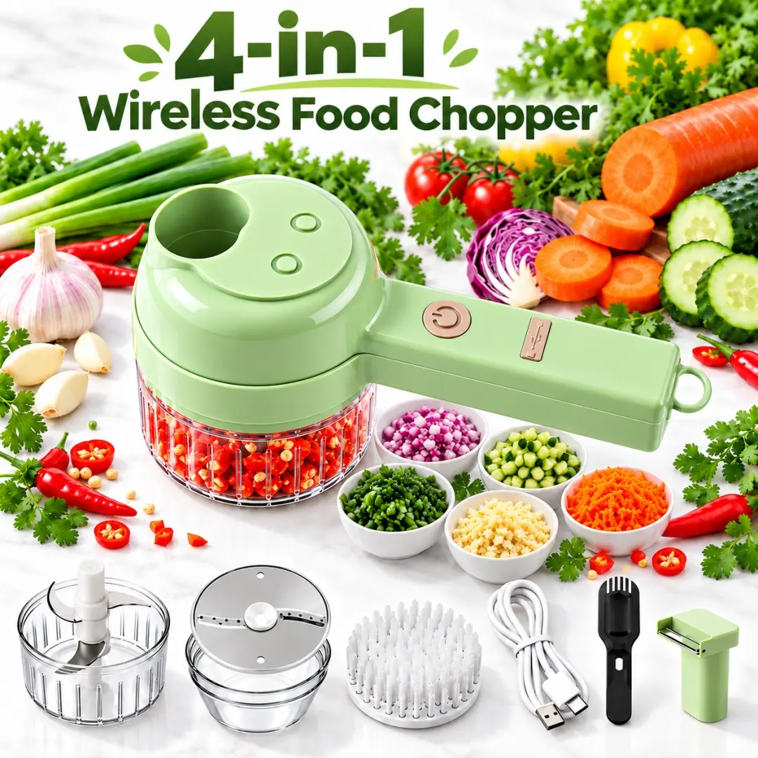 4-in-1 Cordless Mini Electric Food Chopper, Portable USB Rechargeable Food Processor, Multifunctional Garlic Mincer & Vegetable Chopper for Garlic, Onion, Fruits, Vegetables, Salads and Everyday Kitchen Meal Prep