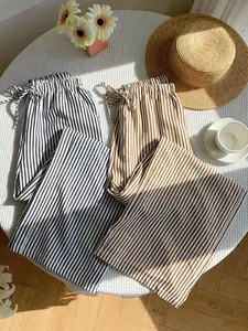 Two-piece women's striped wide-leg Casual streetwear pants, with an elastic waistband, made from breathable, skin-friendly cotton fabric and featuring a loose, wide-leg design, perfect for lounging at home, weekend outing, Casual Lounge Pants