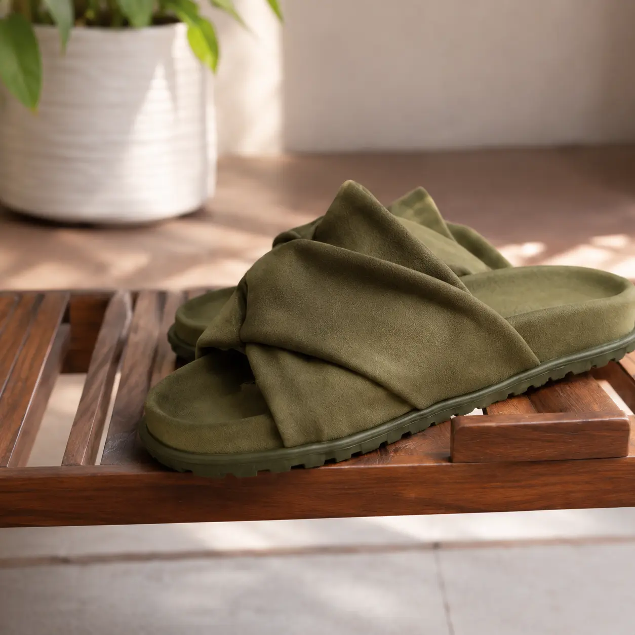 Women’s Olive Green Cross-Band Casual Slip-Ons, Dual-Tone Look (Indoor & Natural Light), Soft Cushioned Footbed, 1.18 in Platform, Composite Sole, Indoor Outdoor Sandals