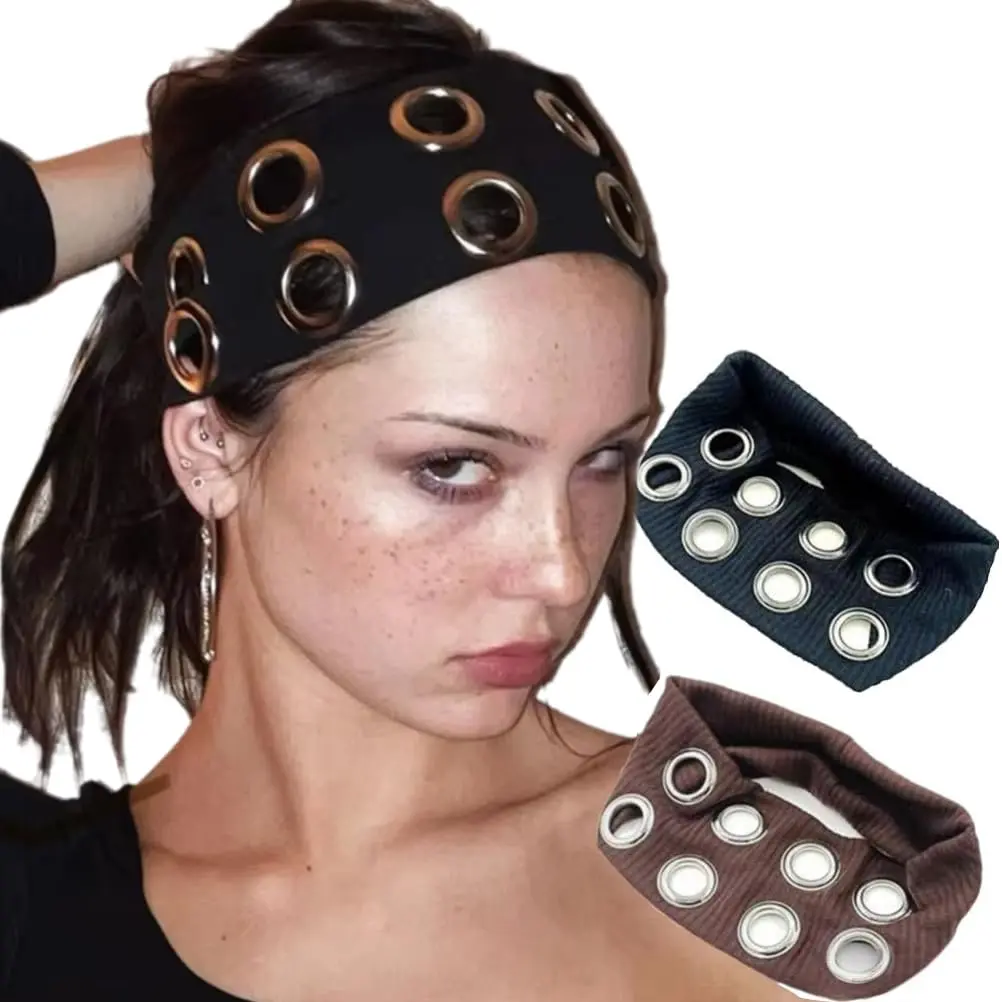 Women's Hollow Out Grommet Elastic Headband, Wide Stretchy Punk Grunge Hair Accessory for Casual Wear, Headbands for Women, Grommet Headband summerwins campingessentials