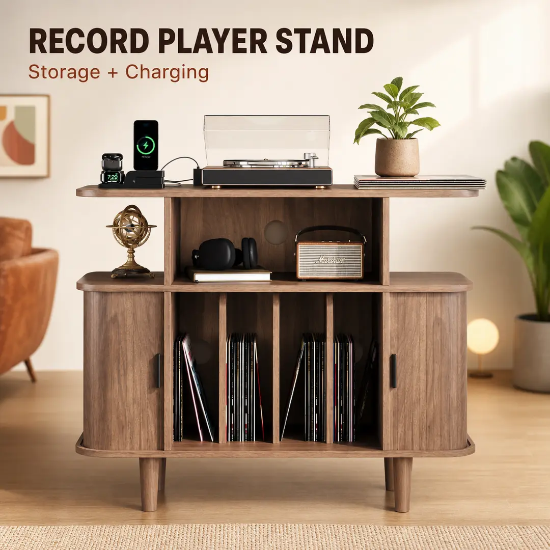 Mid-Century Modern Record Player Stand - Walnut Curved Media Console with Vinyl Storage, Built-in Charge Station, Power Outlet, Holds 200+ Albums for Turntables