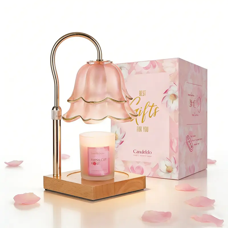 Blush Pink Flower Design Candle Warmer Lamp - Timer, 2 Bulbs, Height-Adjustable, Dimmable, House Decor, Aesthetic Whimsical Girl Room Decor, Women's Gift