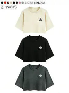 Value Pack 3 Pcs Ab Letter Short Sleeves Top, Loose Shoulder Design, Fitted Cut, Soft Fabric, Casual Style, All Seasons