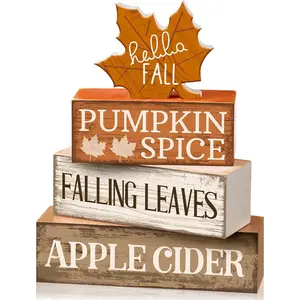 4 Pcs Fall Wooden Tabletop Decor Hello Fall Maple Leaf Decor Autumn Tiered Tray Decor Rustic Wood Block Sign Gift Thanksgiving Centerpiece Farmhouse Fall Table Decor